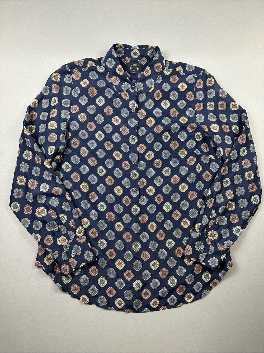 J Crew Cotton/Silk Popover Tile Print Blouse, Quarter-Button Top - Womens 10